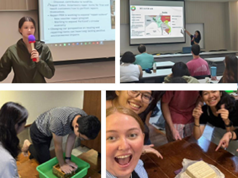 Jaden Gloden from the U.S. and Ja Seng Hkawn from Myanmar, both IMAS students, presented on sustainable development challenges in their countries. Later, IMAS students made tofu together. (Photo by IMAS)